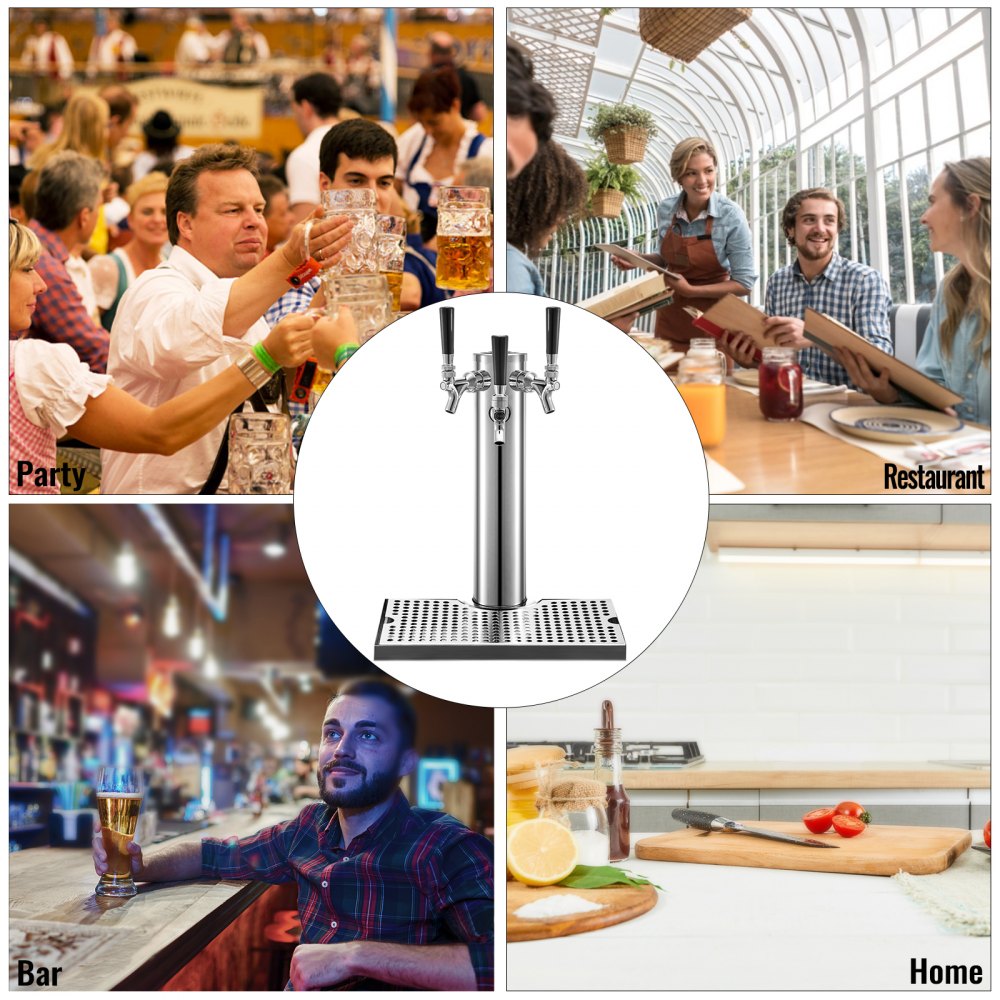 VEVOR Stainless Steel 76mm Triple Tap Draft Beer Tower with Drip Tray for Home