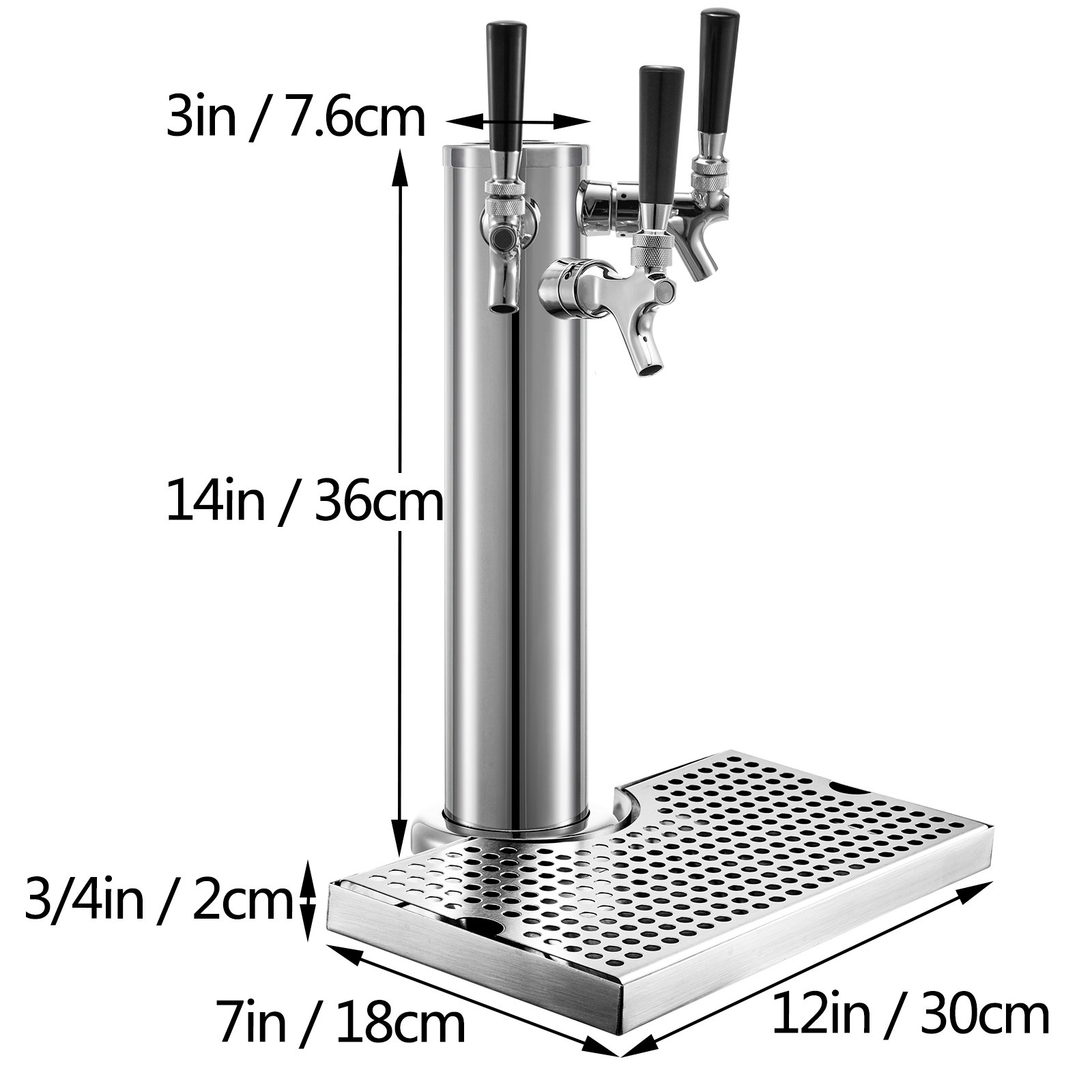 VEVOR Stainless Steel 76mm Triple Tap Draft Beer Tower with Drip Tray for Home
