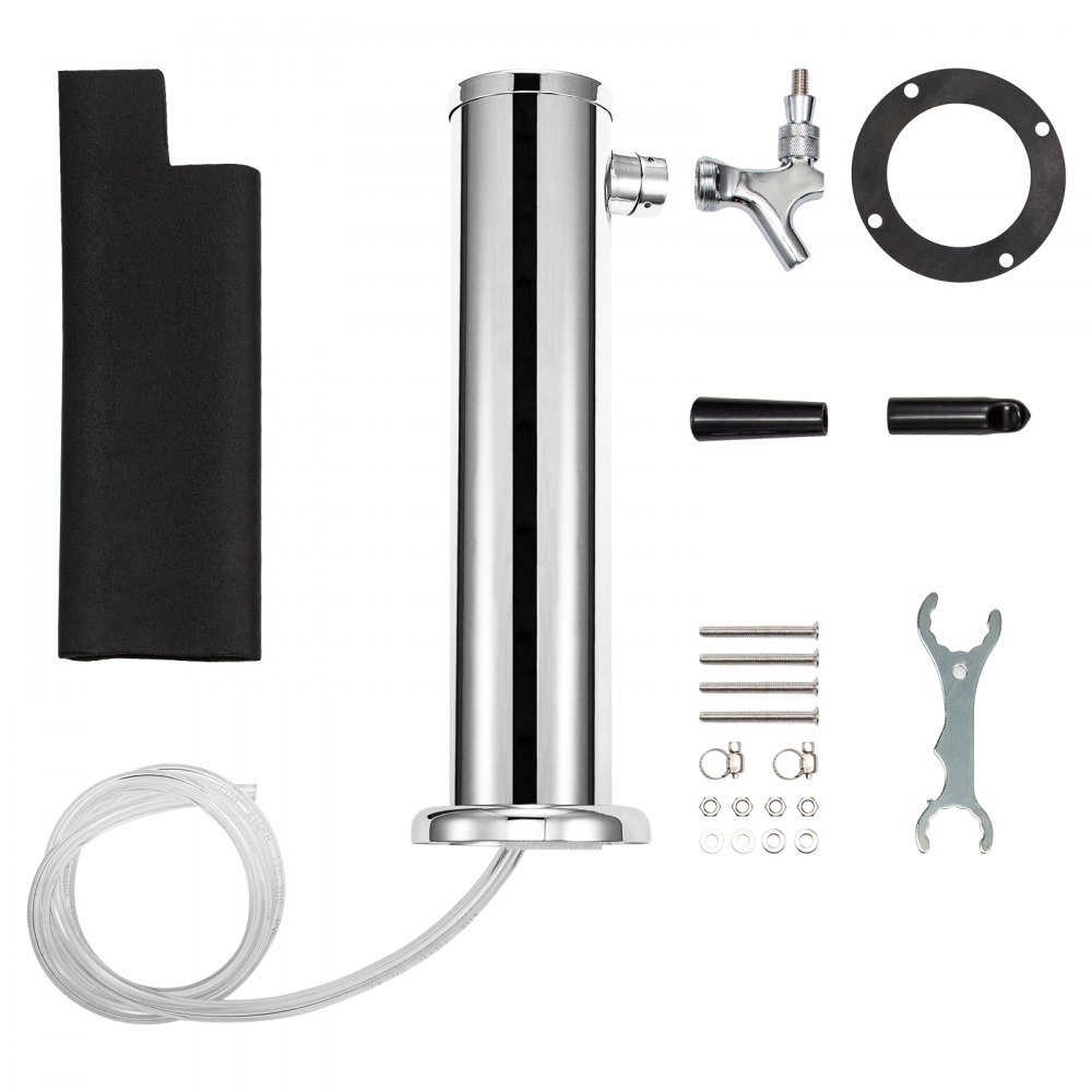 VEVOR beer tower kit with faucet, wrench, screws, hose, gasket, and cover.