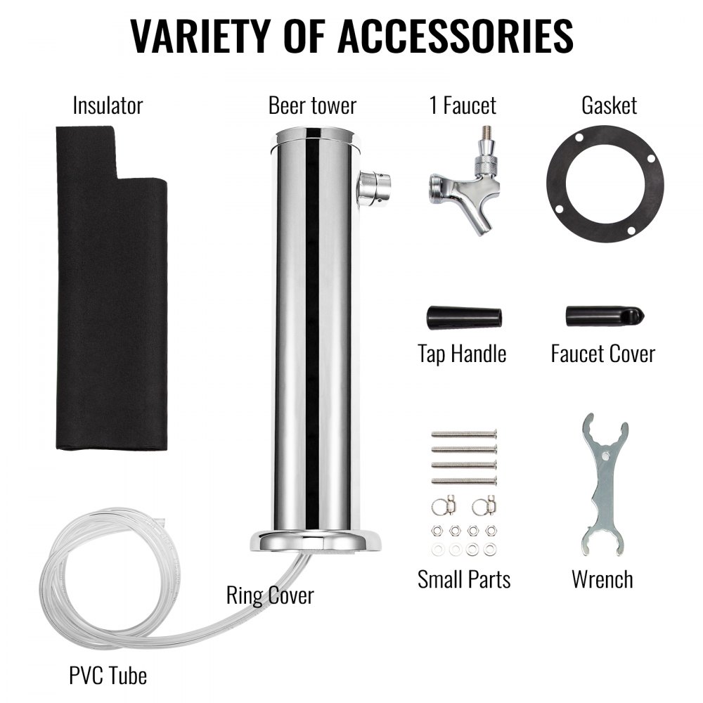 VEVOR beer tower kit with insulator, faucet, gasket, tap handle, cover, tube, and wrench.