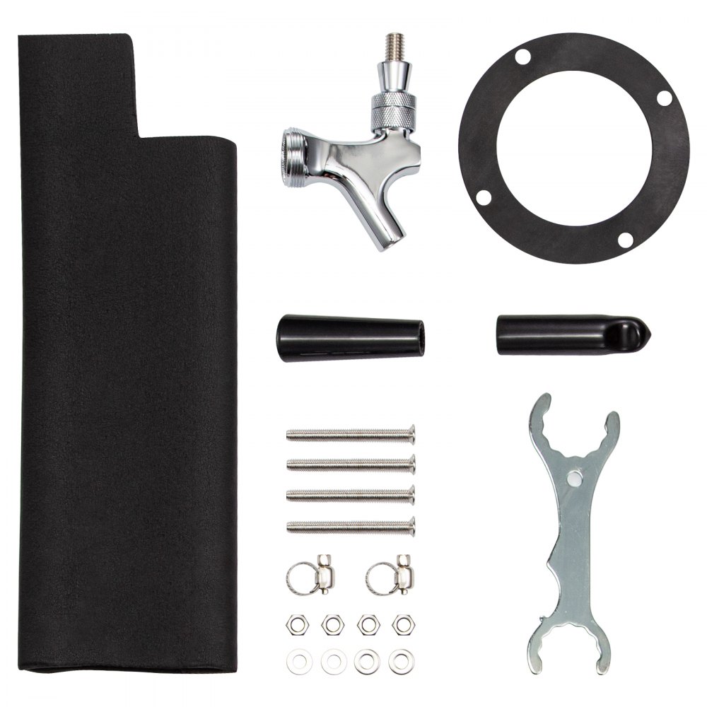 VEVOR beer tower components: tap, screws, wrench, gaskets, and hose connectors.