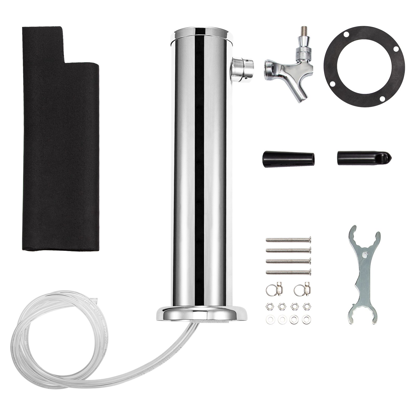VEVOR beer tower kit with faucet, wrench, screws, hose, gasket, and cover.