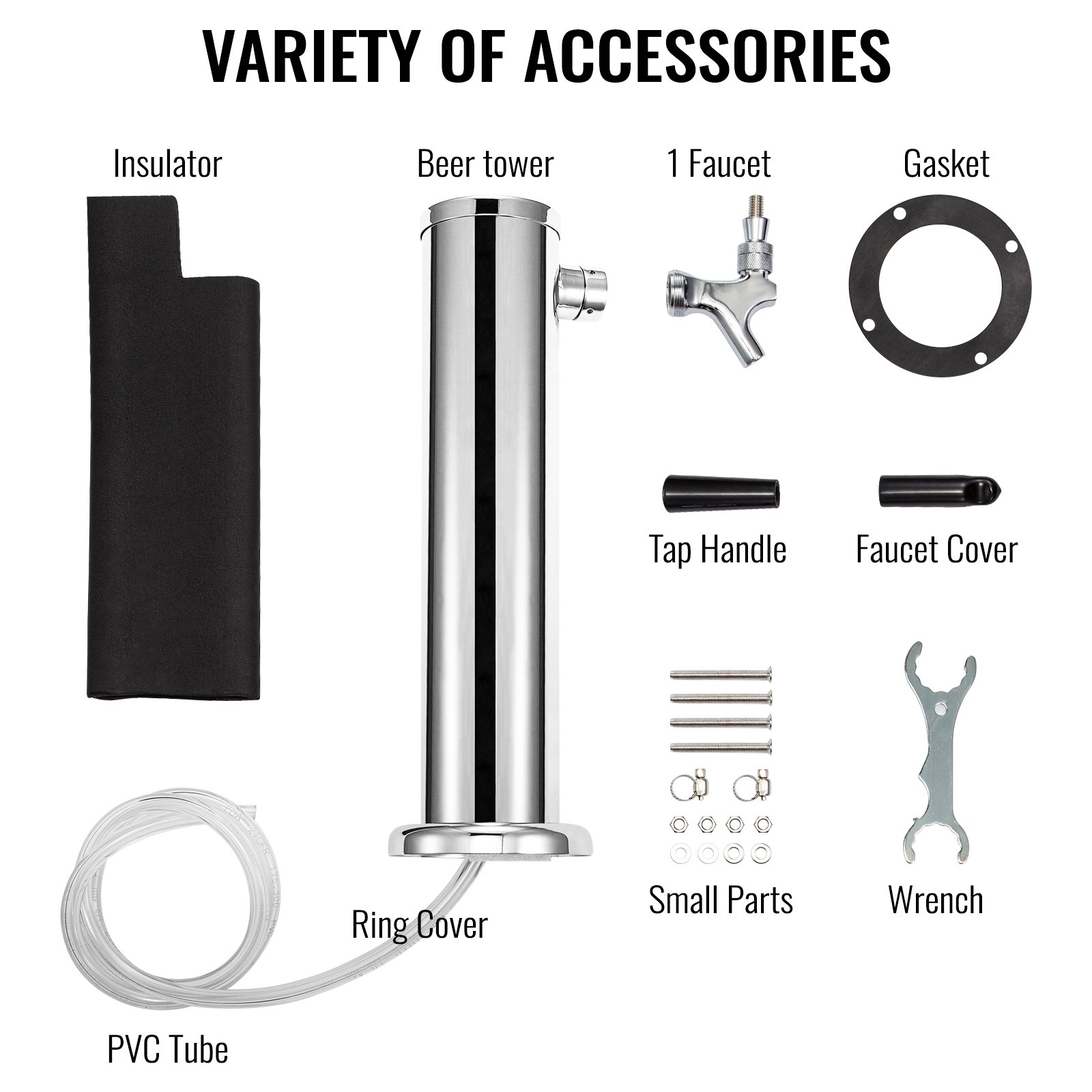 VEVOR beer tower kit with insulator, faucet, gasket, tap handle, cover, tube, and wrench.
