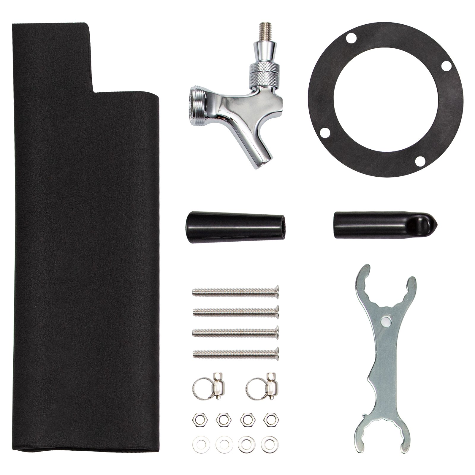 VEVOR beer tower components: tap, screws, wrench, gaskets, and hose connectors.