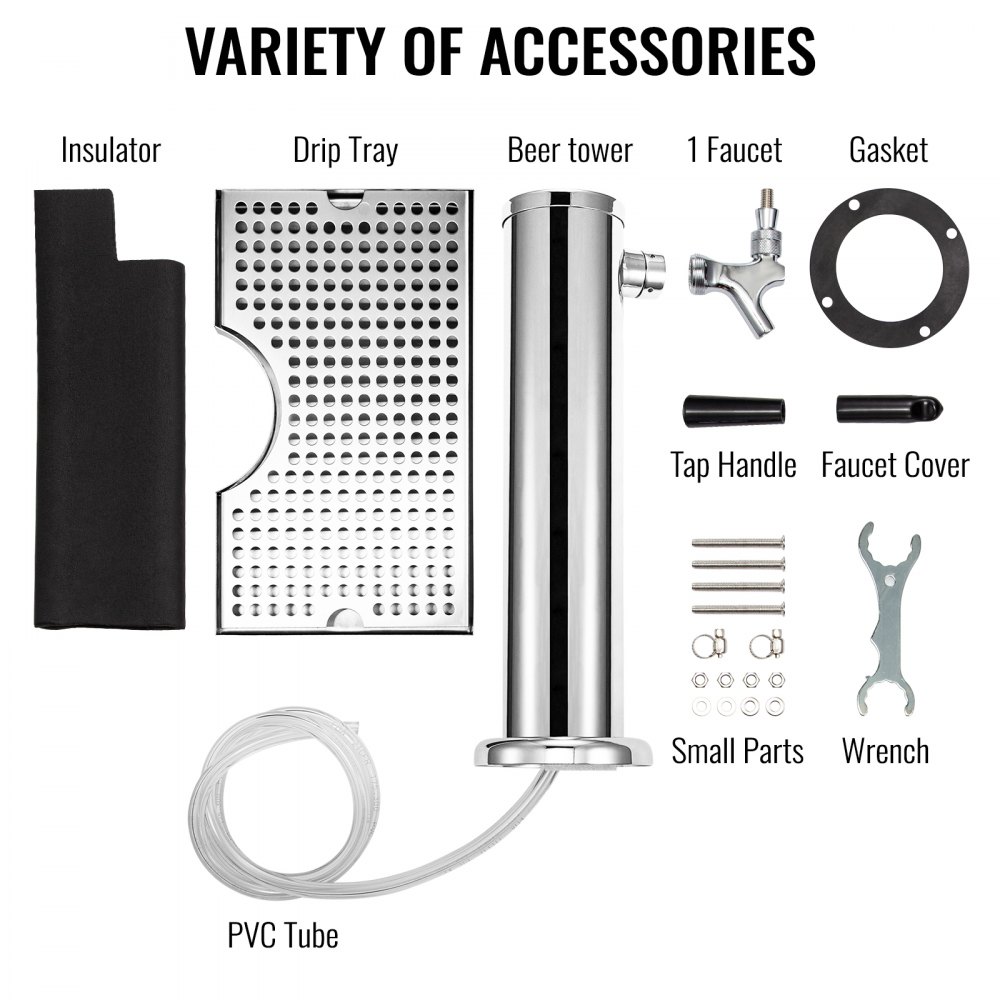 VEVOR Beer Tower, Single Faucet Kegerator Tower, Stainless Steel Draft Beer Tower with 12" x 7" Drip Tray, 3" Dia. Column Beer Dispenser Tower, Beer Tower Kit with Hose, Wrench, Cover for Home & Bar