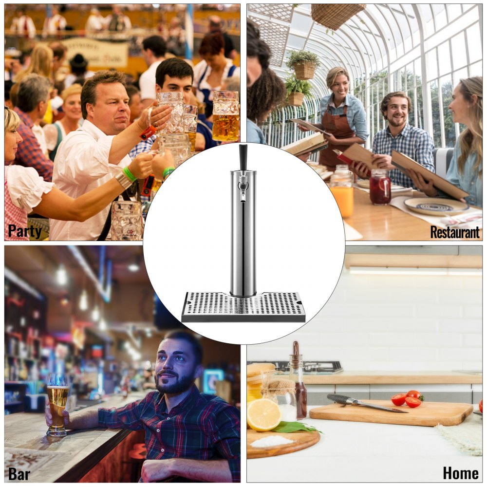 VEVOR Beer Tower, Single Faucet Kegerator Tower, Stainless Steel Draft Beer Tower with 12" x 7" Drip Tray, 3" Dia. Column Beer Dispenser Tower, Beer Tower Kit with Hose, Wrench, Cover for Home & Bar