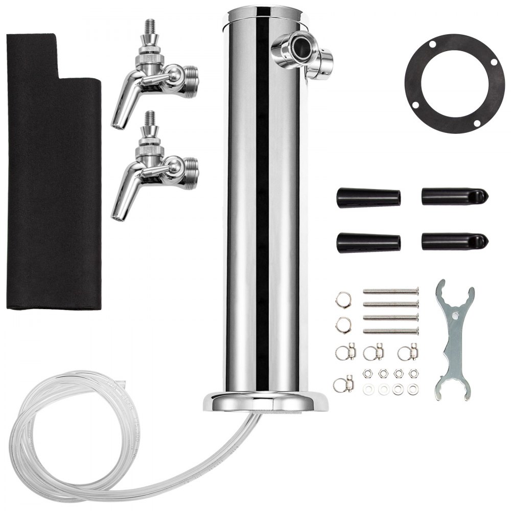 VEVOR Beer Tower, Double Adjustable Brass Faucet Kegerator Tower, Stainless Steel Draft Beer Tower, 3" Diameter Column Beer Dispenser Tower, Beer Tower Kit with Wrench, Black Handle for Home & Bar