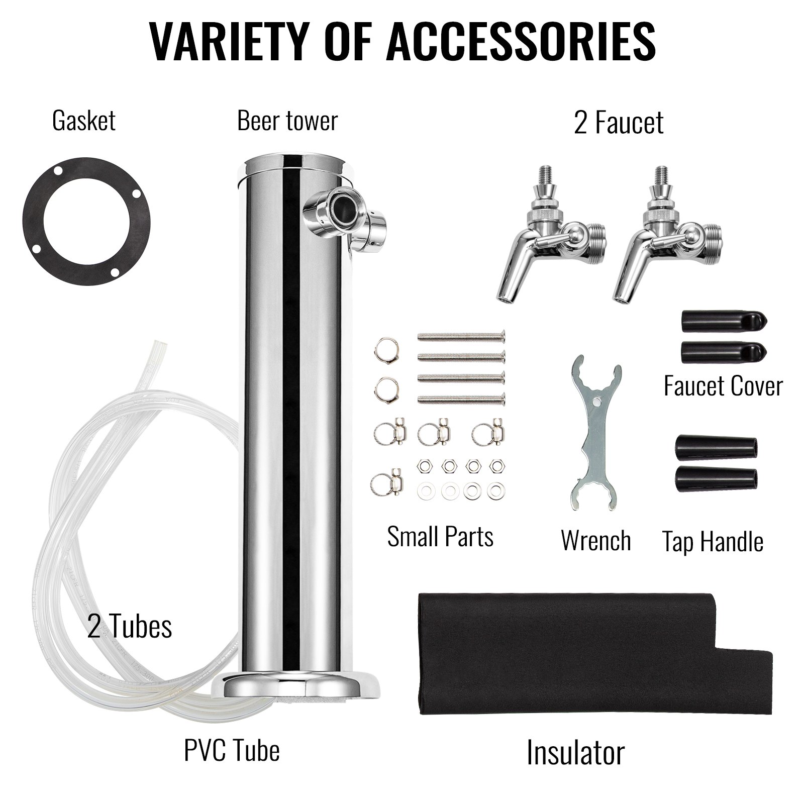 VEVOR Beer Tower, Double Adjustable Brass Faucet Kegerator Tower, Stainless Steel Draft Beer Tower, 3" Diameter Column Beer Dispenser Tower, Beer Tower Kit with Wrench, Black Handle for Home & Bar