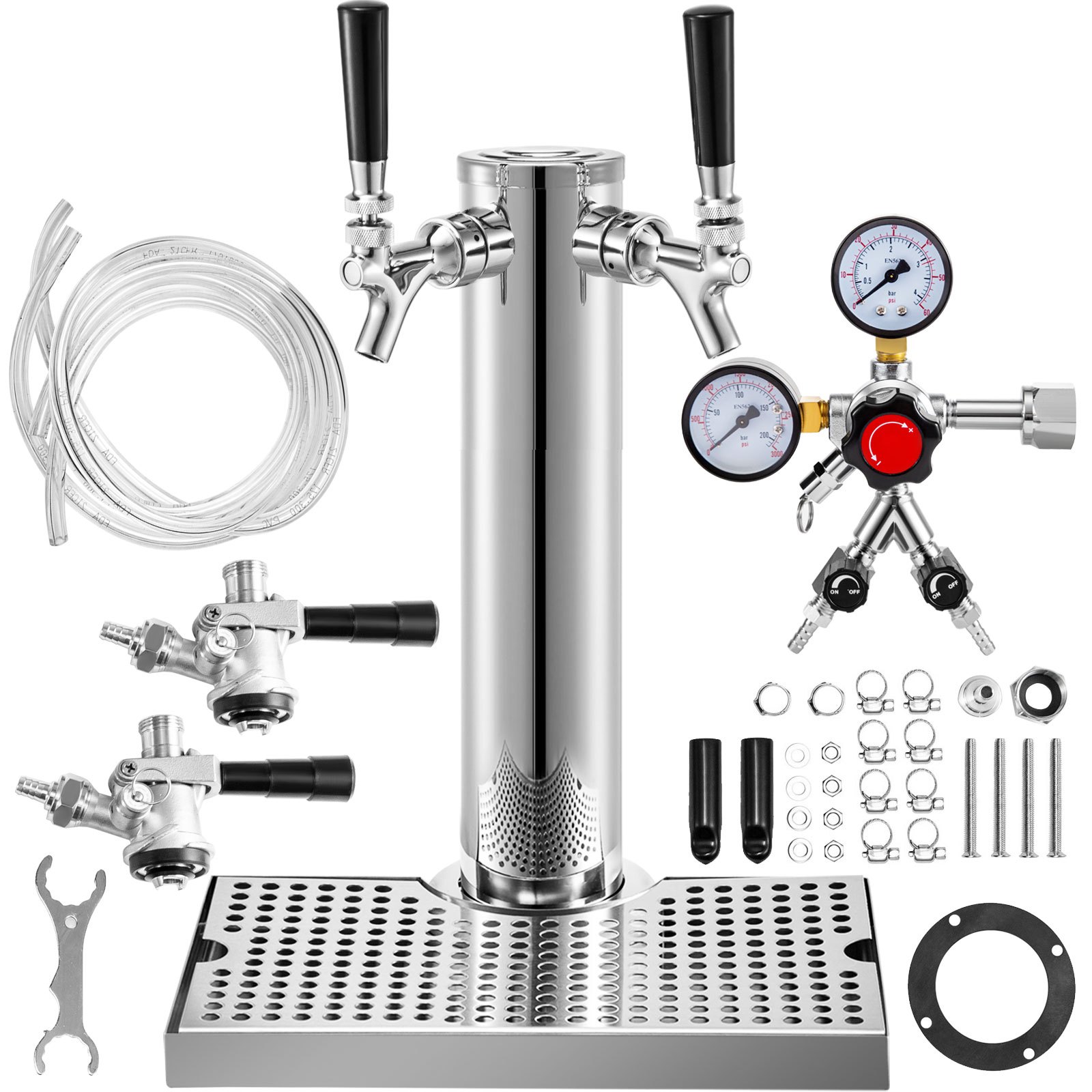 VEVOR Kegerator Tower Kit, Double Tap Beer Conversion Kit, No Tank Keg Conversion Kit, Stainless Steel Keg Tower, Deluxe Kegarator Beer Conversion With Dual Gauge Regulator & D-System Keg Coupler
