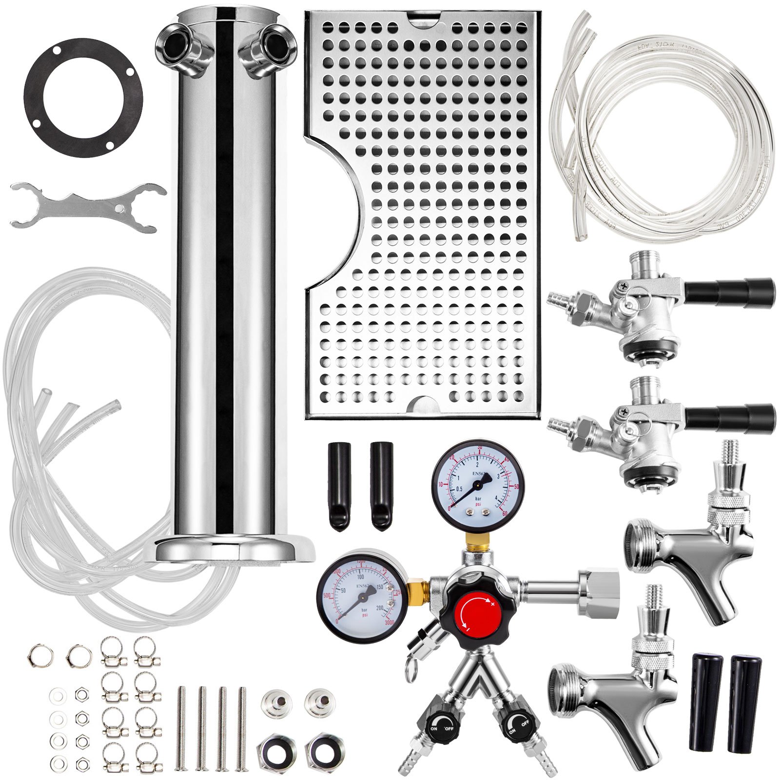 VEVOR Kegerator Tower Kit, Double Tap Beer Conversion Kit, No Tank Keg Conversion Kit, Stainless Steel Keg Tower, Deluxe Kegarator Beer Conversion With Dual Gauge Regulator & D-System Keg Coupler