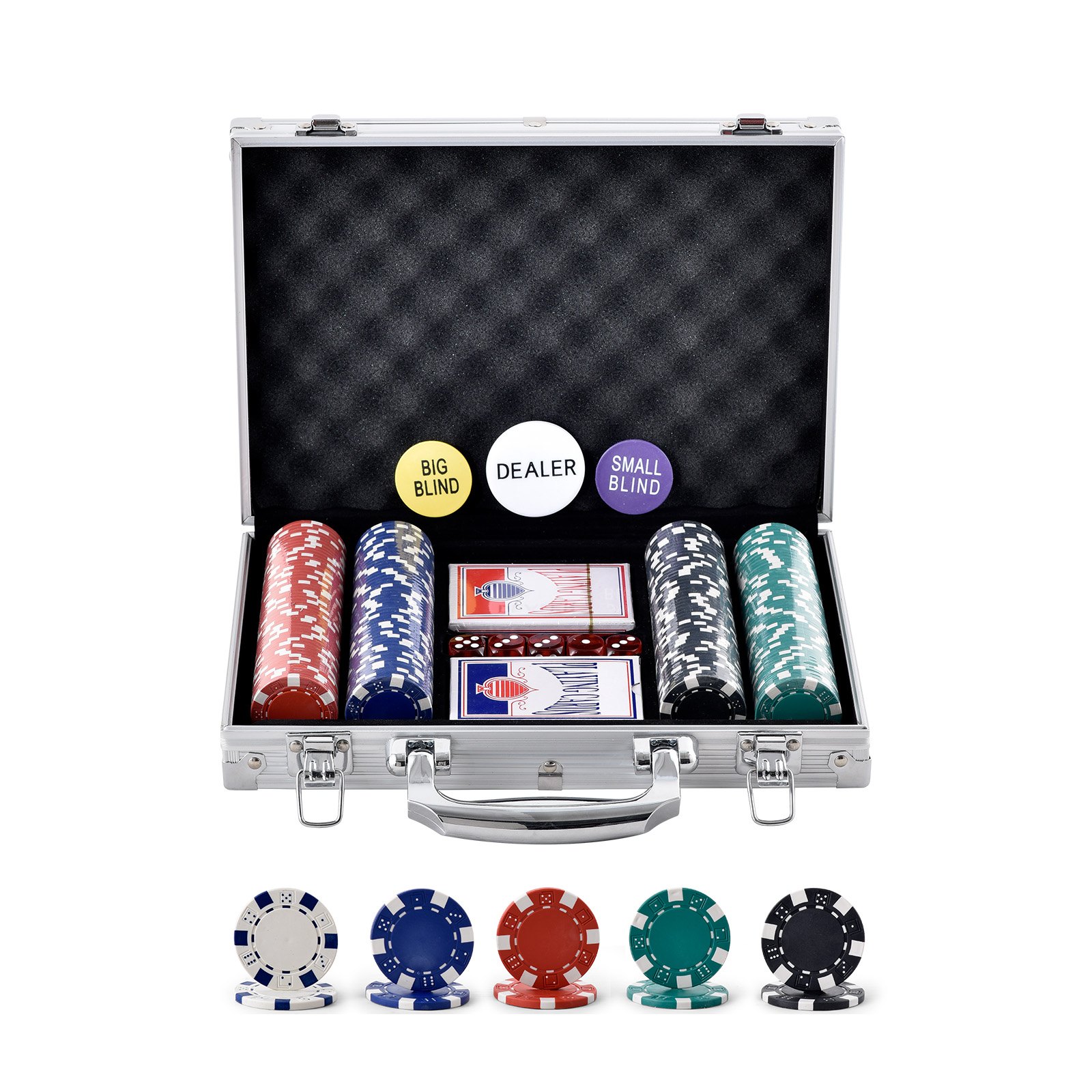 VEVOR Poker Chip Set, 200-Piece Poker Set, Complete Poker Playing Game Set with Aluminum Carrying  Case, 11.5 Gram Casino Chips, Cards, Buttons and Dices, for Texas Hold'em, Blackjack, Gambling