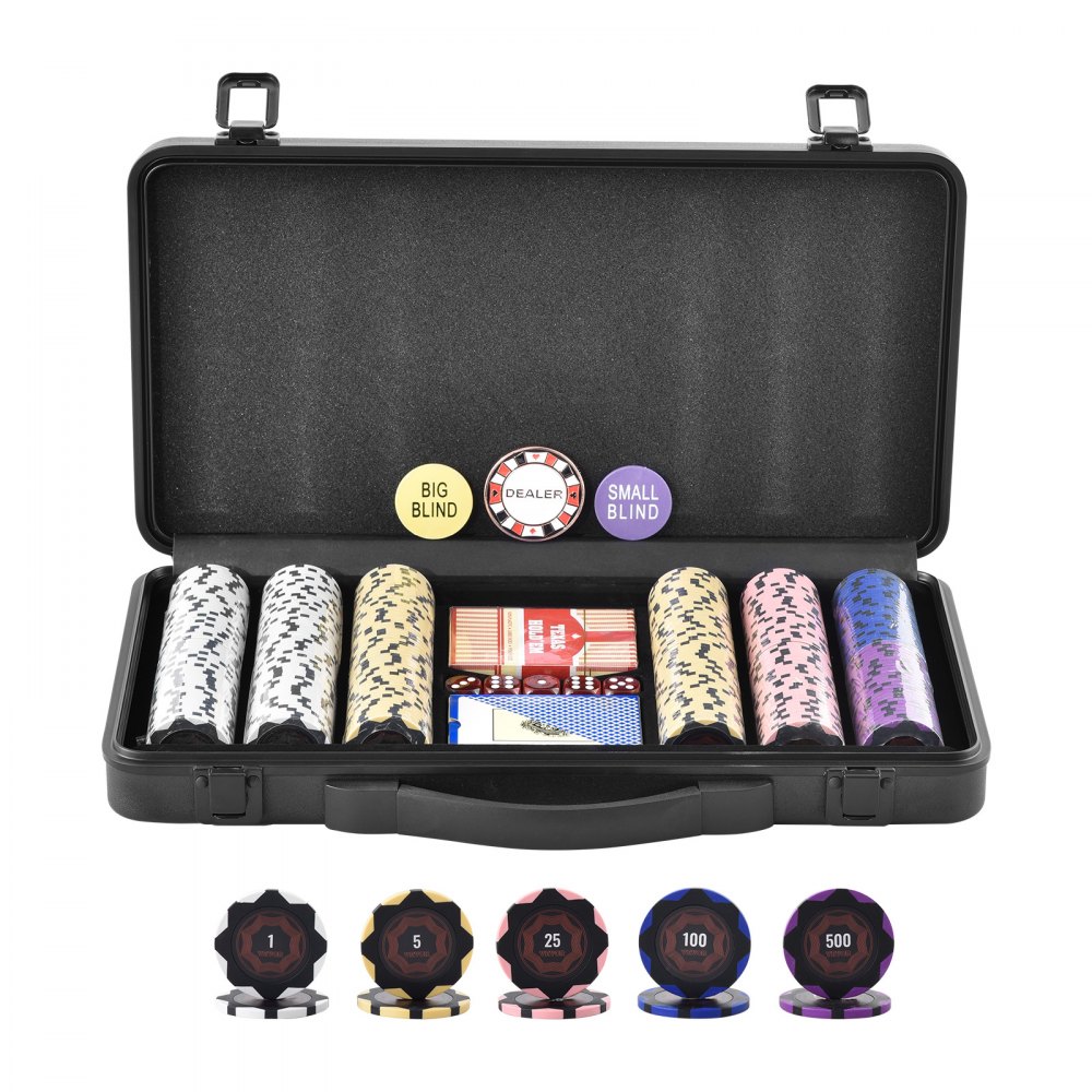 Súprava pokerových žetónov VEVOR, 300-dielna pokerová súprava, kompletná súprava na hranie pokru s puzdrom, 14 gramové kasínové hlinené žetóny, karty, gombíky a kocky v ťažkej váhe, pre Texas Hold'em, Blackjack, hazardné hry