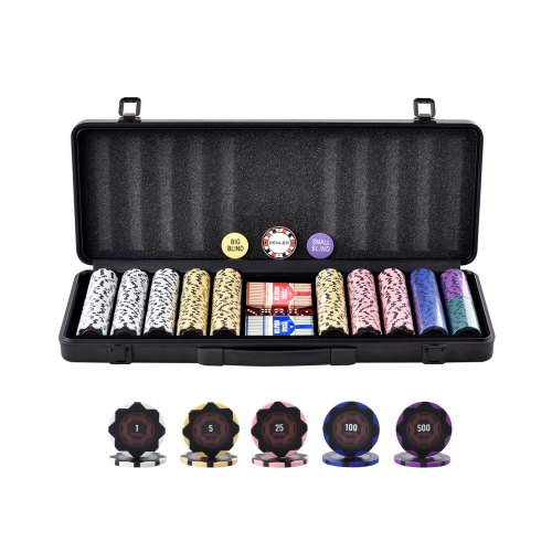 VEVOR Poker Chip Set, 500-Piece Poker Set, Complete Poker Playing Game Set with Carrying  Case, Heavyweight 14 Gram Casino Clay Chips, Cards, Buttons and Dices, for Texas Hold'em, Blackjack, Gambling