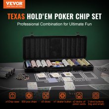 Conjunto de fichas de pôquer VEVOR, conjunto de pôquer de 500 peças, conjunto completo de jogos de pôquer com maleta de transporte, fichas de argila de cassino pesadas de 14 gramas, cartas, botões e dados, para Texas Hold'em, blackjack, jogos de azar