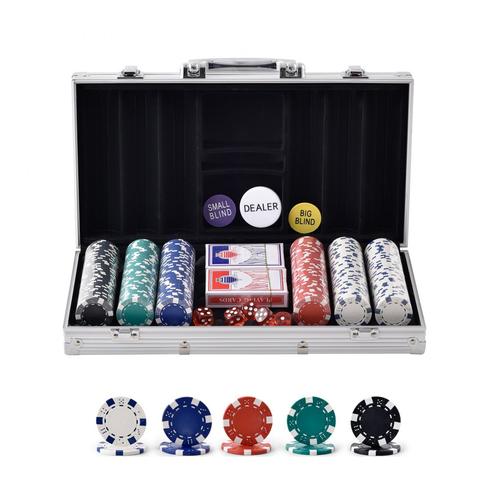 VEVOR pokerchipsæt, pokersæt med 300 stykker, komplet pokerspilsæt med bæretaske af aluminium, 11,5 grams kasinochips, kort, knapper og terninger, til Texas Hold'em, blackjack, hasardspil