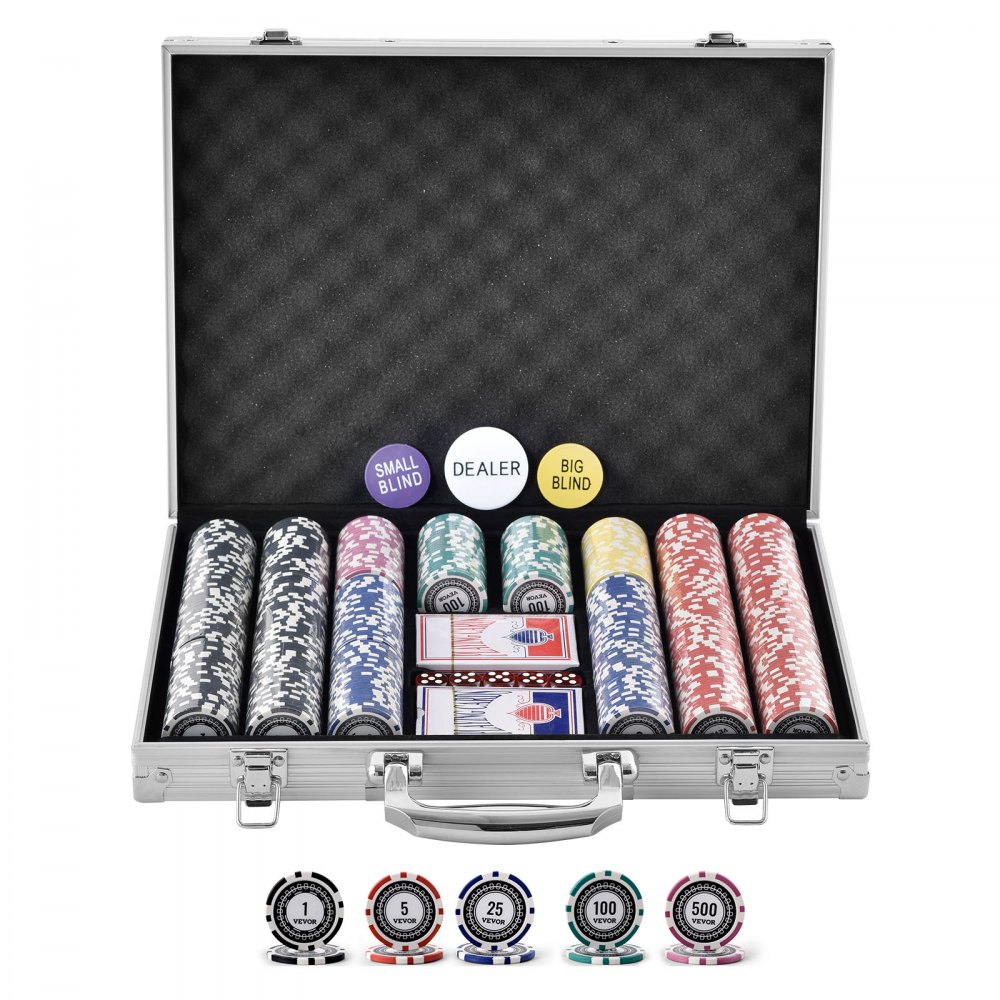 Súprava pokerových žetónov VEVOR, 500-dielna pokerová súprava, kompletná súprava na hranie pokru s hliníkovým puzdrom, 11,5 gramové kasínové žetóny, karty, gombíky a kocky, pre Texas Hold'em, Blackjack, hazardné hry