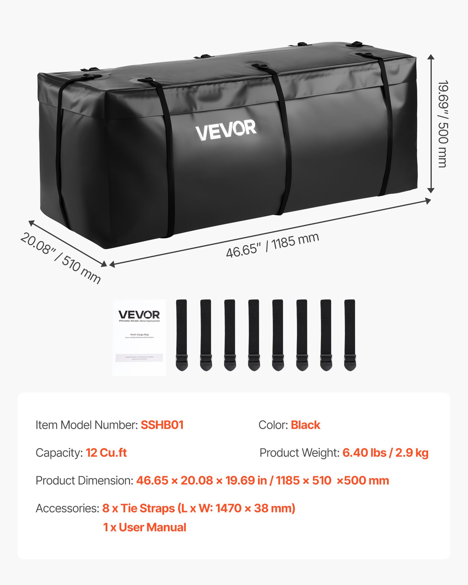 VEVOR Hitch Cargo Carrier Bag, Waterproof 840D PVC, 118.5 x 51 x 50 cm (12 Cubic Feet), Heavy Duty Cargo Bag for Truck Bed Storage with Reinforced Straps, Suitable for Car SUV Vans Hitch Basket