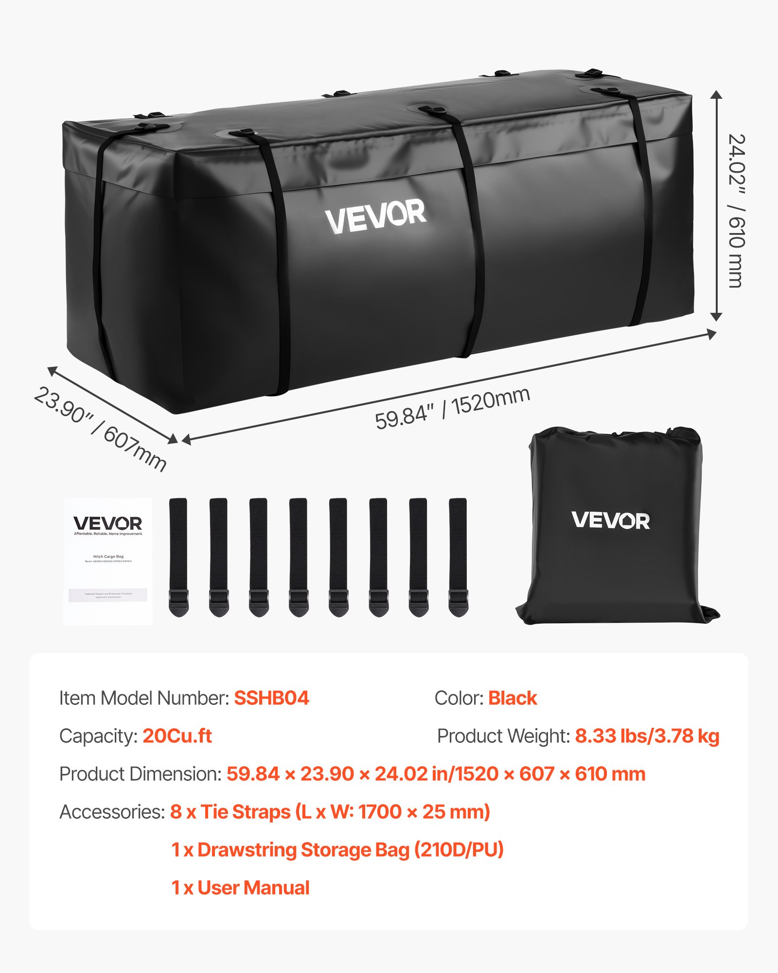VEVOR Hitch Cargo Carrier Bag, Waterproof 840D PVC, 59.84 x 23.9 x 24.02 in (20 Cubic Feet), Heavy Duty Cargo Bag for Truck Bed Storage with 8 Reinforced Straps, Suitable for Car Vans Hitch Basket