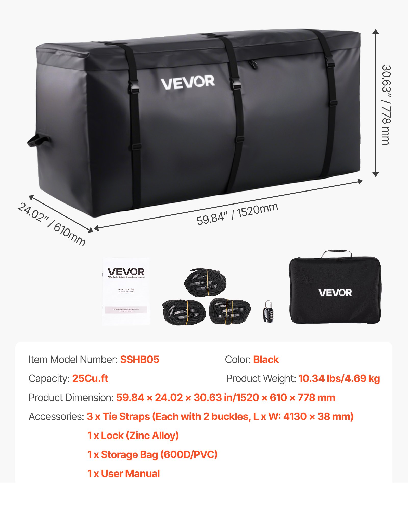VEVOR Hitch Cargo Carrier Bag, Waterproof 840D PVC, 59.84 x 24.02 x 30.63 in (25 Cubic Feet), Heavy Duty Cargo Bag for Truck Bed Storage with Reinforced Straps, Suitable for Car SUV Vans Hitch Basket