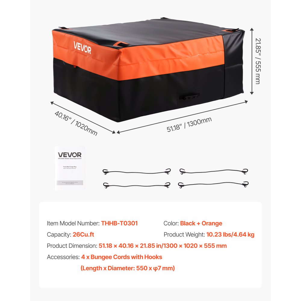 VEVOR Truck Bed Cargo Bag, Waterproof 840D PVC, 130 x 102 x 55.5 cm (26 Cubic Feet), Heavy Duty Cargo Bag for Truck Bed with 4 Bungee Cords with Hooks, Fits a Variety of SUV and Pickup Trucks