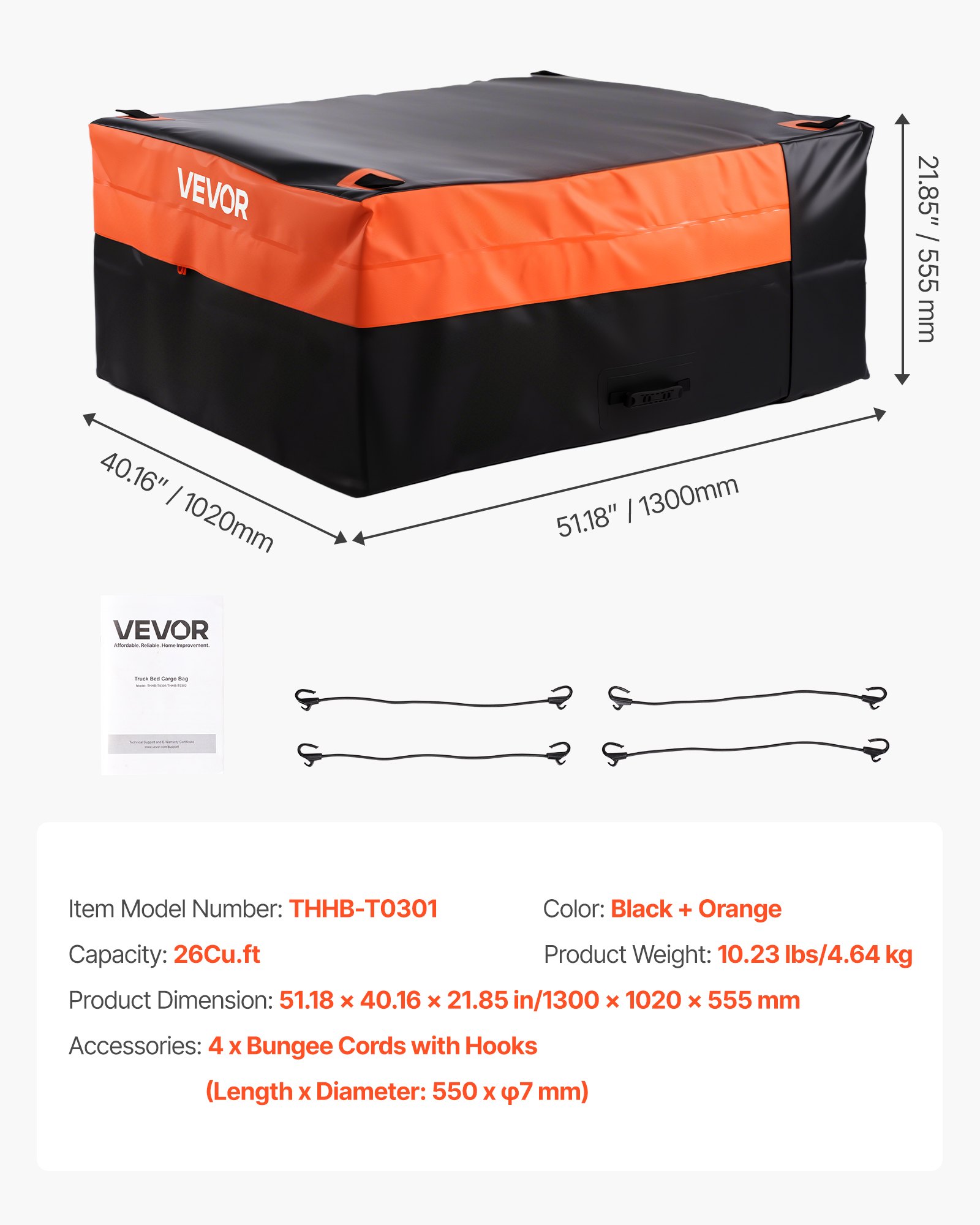 VEVOR Truck Bed Cargo Bag, Waterproof 840D PVC, 130 x 102 x 55.5 cm (26 Cubic Feet), Heavy Duty Cargo Bag for Truck Bed with 4 Bungee Cords with Hooks, Fits a Variety of SUV and Pickup Trucks