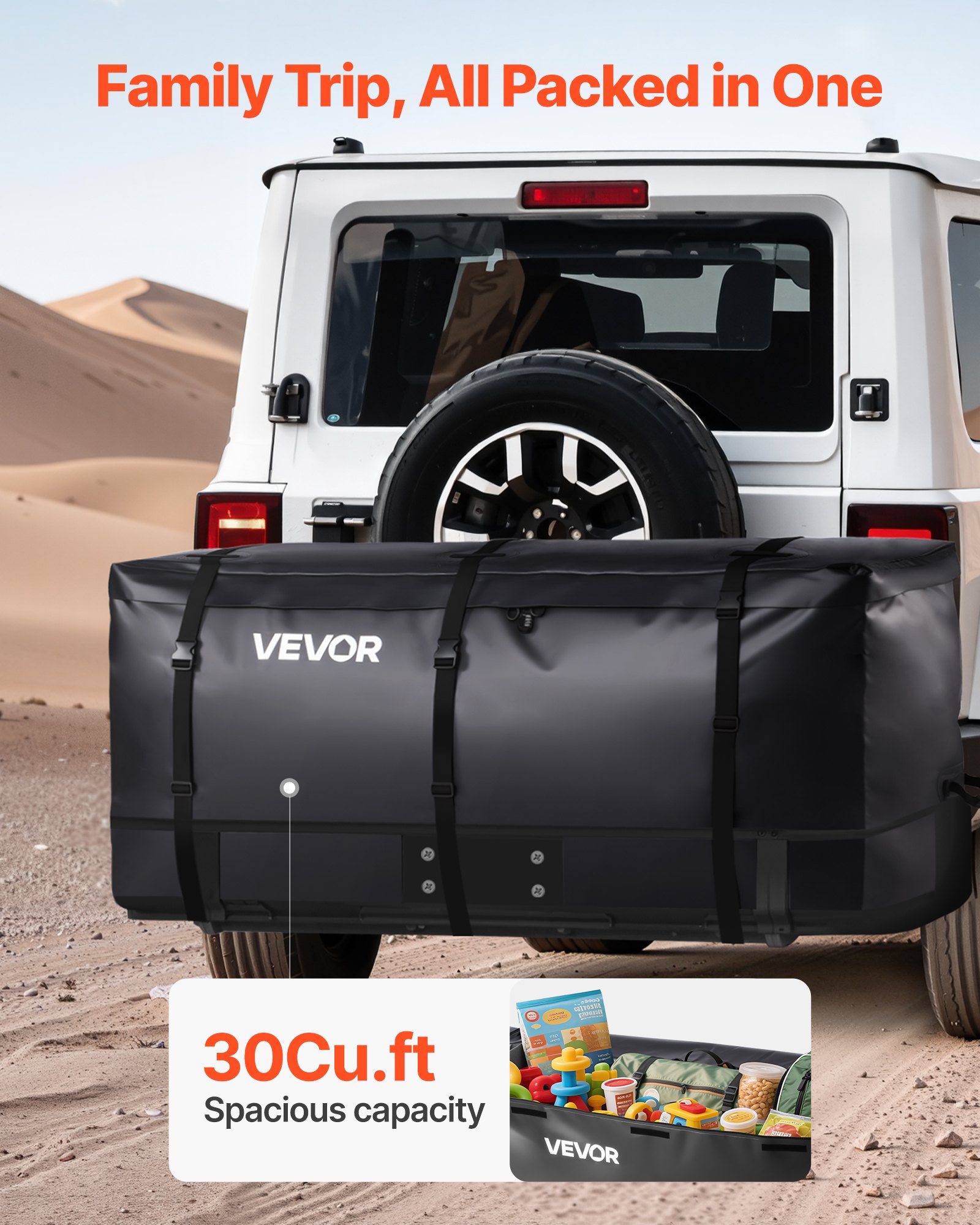 VEVOR Hitch Cargo Carrier Bag, Waterproof 840D PVC, 153 x 61 x 91.3 cm (30 Cubic Feet), Heavy Duty Cargo Bag for Truck Bed Storage with Reinforced Straps, Suitable for Car SUV Vans Hitch Basket