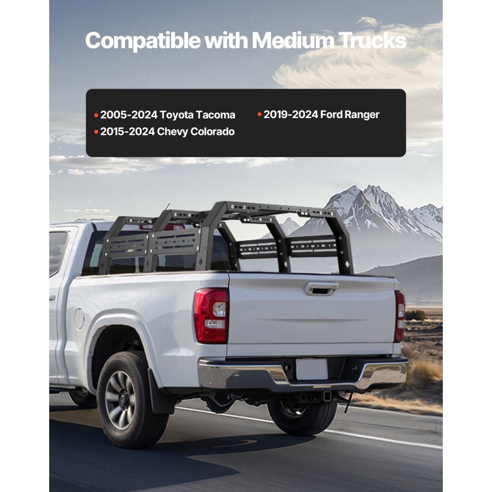VEVOR Overland Truck Bed Rack, 51.2-65.4 in Width, Adjustable Overland Bed Cargo Rack with Sidebar, 900 lbs Static Capacity, Compatible with Mid-Size Trucks Tacoma/Ranger/Gladiator JT/Colorado