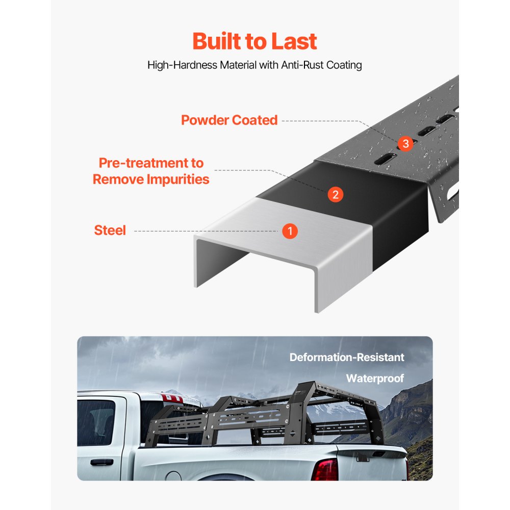 VEVOR Overland Truck Bed Rack, 51.2-65.4 in Width, Adjustable Overland Bed Cargo Rack with Sidebar, 900 lbs Static Capacity, Compatible with Mid-Size Trucks Tacoma/Ranger/Gladiator JT/Colorado