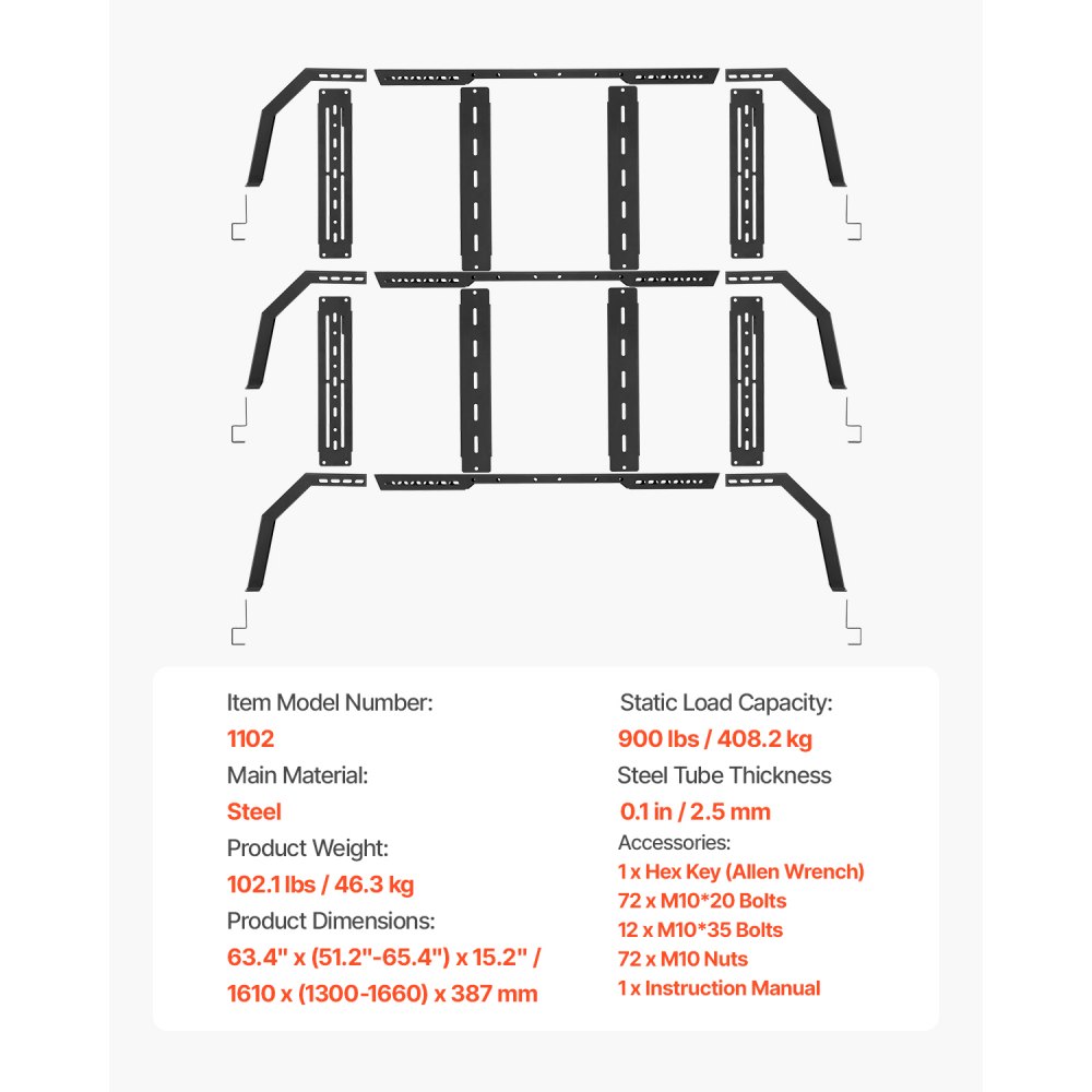 VEVOR Overland Truck Bed Rack, 51.2-65.4 in Width, Adjustable Overland Bed Cargo Rack with Sidebar, 900 lbs Static Capacity, Compatible with Mid-Size Trucks Tacoma/Ranger/Gladiator JT/Colorado