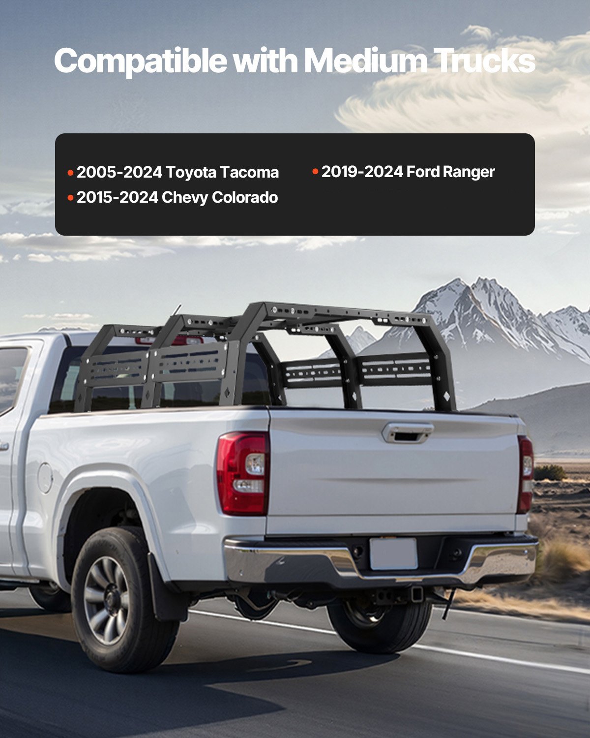 VEVOR Overland Truck Bed Rack, 51.2-65.4 in Width, Adjustable Overland Bed Cargo Rack with Sidebar, 900 lbs Static Capacity, Compatible with Mid-Size Trucks Tacoma/Ranger/Gladiator JT/Colorado