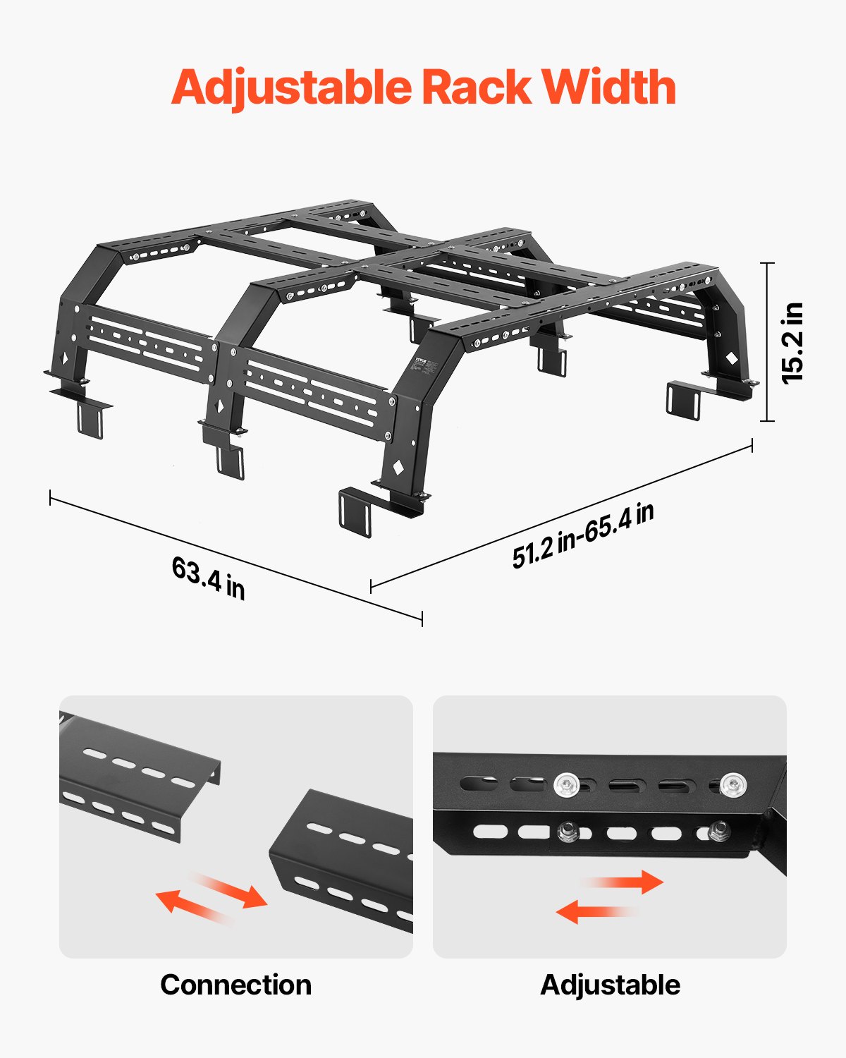 VEVOR Overland Truck Bed Rack, 51.2-65.4 in Width, Adjustable Overland Bed Cargo Rack with Sidebar, 900 lbs Static Capacity, Compatible with Mid-Size Trucks Tacoma/Ranger/Gladiator JT/Colorado