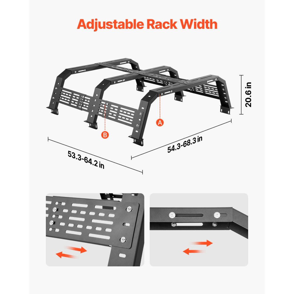 VEVOR Overland Truck Bed Rack, 137.92-173.48 cm Width, Adjustable Overland Bed Cargo Rack with Sidebar and 408.2 kg Static Load Capacity, Heavy Duty Steel, Compatible with Full Size & Mid-Size Trucks