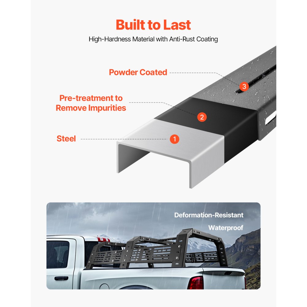 VEVOR Overland Truck Bed Rack, 54.3-68.3 in Width, Adjustable Overland Bed Cargo Rack with Sidebar and 900 lbs Static Load Capacity, Heavy Duty Steel, Compatible with Full Size and Mid-Size Trucks