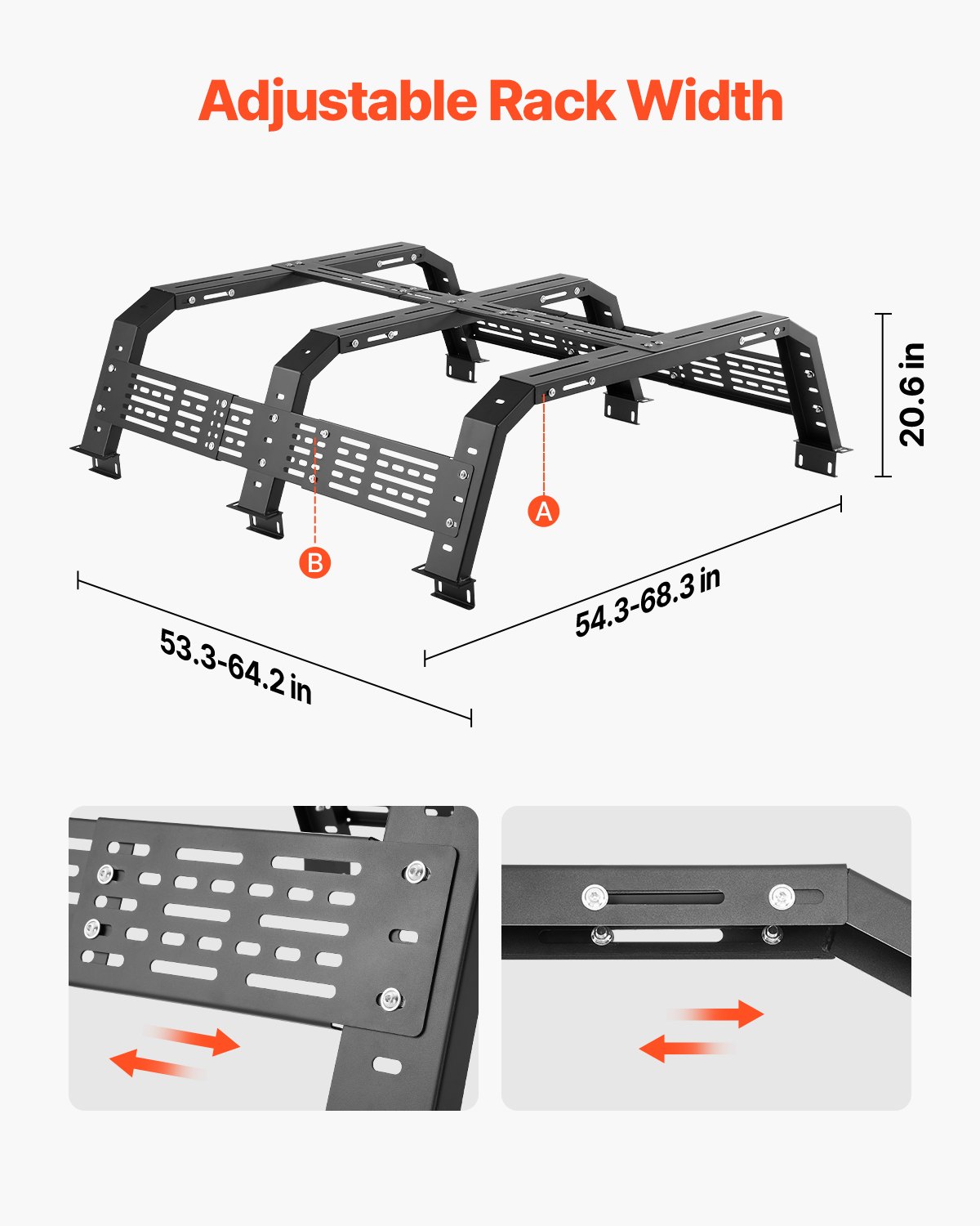 VEVOR Overland Truck Bed Rack, 137.92-173.48 cm Width, Adjustable Overland Bed Cargo Rack with Sidebar and 408.2 kg Static Load Capacity, Heavy Duty Steel, Compatible with Full Size & Mid-Size Trucks