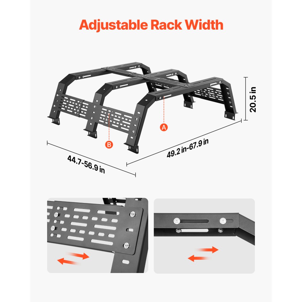 VEVOR Overland Truck Bed Rack, 125-172.5 cm Width, Adjustable Overland Bed Cargo Rack with Sidebar, 408.2 kg Static Load Capacity, Heavy Duty Steel, for Mid-Size Trucks, Fit Tacoma / Gladiator JT