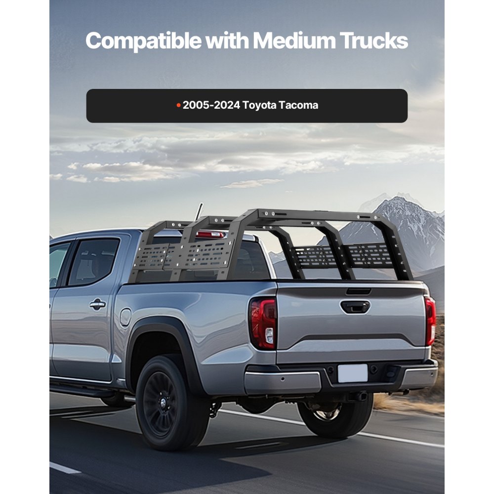 VEVOR Overland Truck Bed Rack, 125-172.5 cm Width, Adjustable Overland Bed Cargo Rack with Sidebar, 408.2 kg Static Load Capacity, Heavy Duty Steel, for Mid-Size Trucks, Fit Tacoma / Gladiator JT