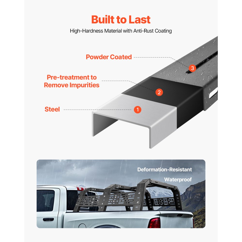 VEVOR Overland Truck Bed Rack, 125-172.5 cm Width, Adjustable Overland Bed Cargo Rack with Sidebar, 408.2 kg Static Load Capacity, Heavy Duty Steel, for Mid-Size Trucks, Fit Tacoma / Gladiator JT