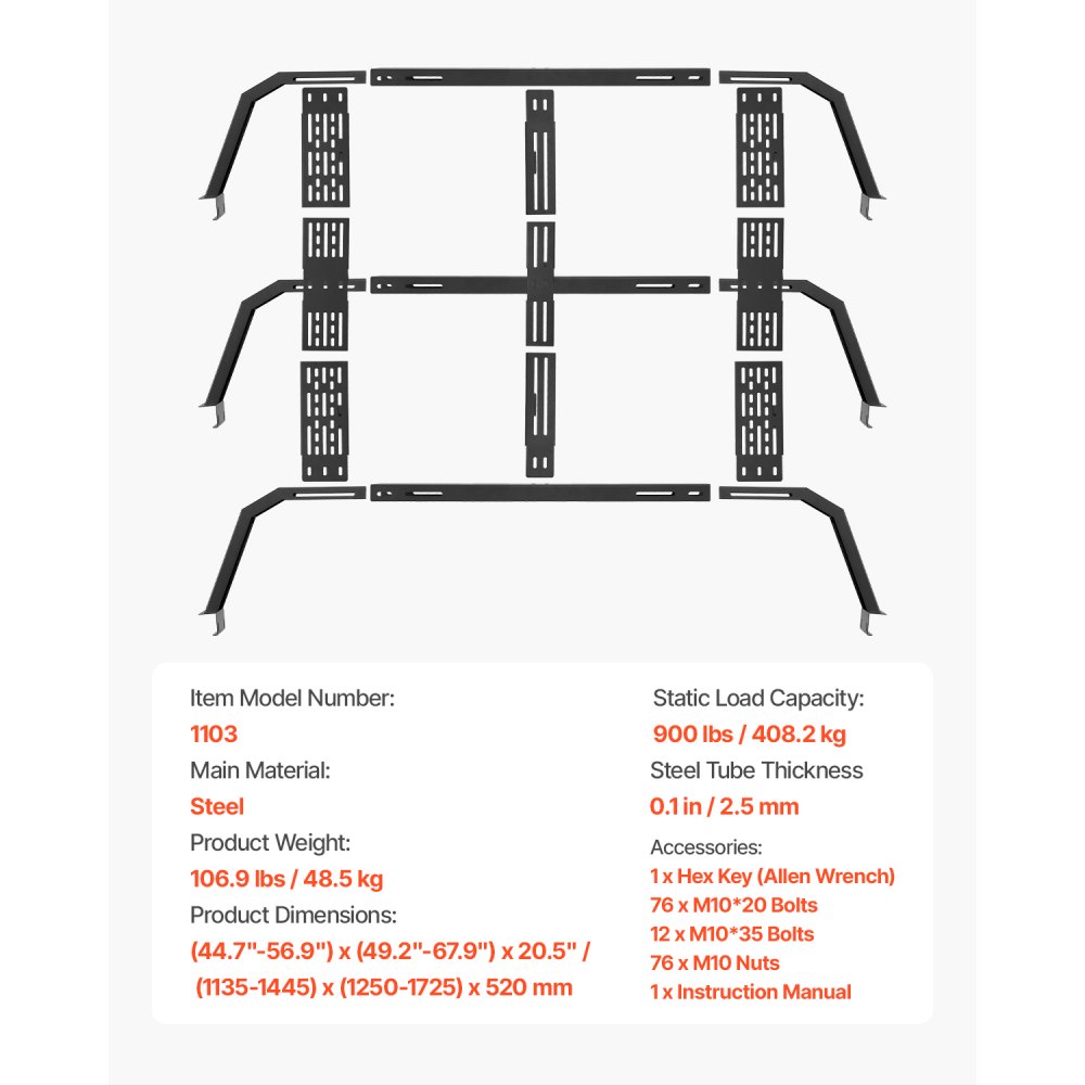 VEVOR Overland Truck Bed Rack, 125-172.5 cm Width, Adjustable Overland Bed Cargo Rack with Sidebar, 408.2 kg Static Load Capacity, Heavy Duty Steel, for Mid-Size Trucks, Fit Tacoma / Gladiator JT