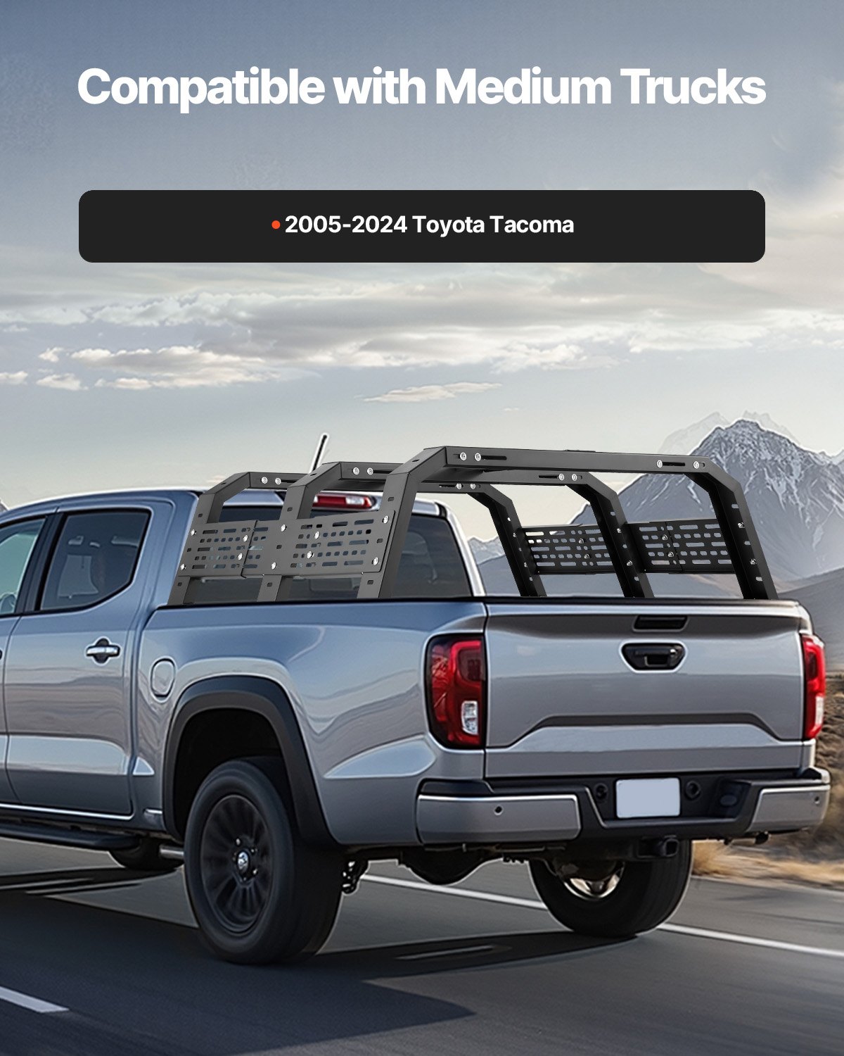 VEVOR Overland Truck Bed Rack, 125-172.5 cm Width, Adjustable Overland Bed Cargo Rack with Sidebar, 408.2 kg Static Load Capacity, Heavy Duty Steel, for Mid-Size Trucks, Fit Tacoma / Gladiator JT