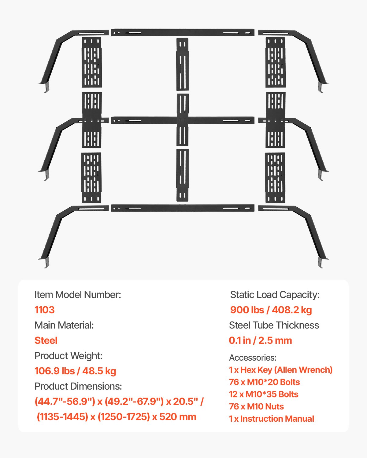 VEVOR Overland Truck Bed Rack, 125-172.5 cm Width, Adjustable Overland Bed Cargo Rack with Sidebar, 408.2 kg Static Load Capacity, Heavy Duty Steel, for Mid-Size Trucks, Fit Tacoma / Gladiator JT
