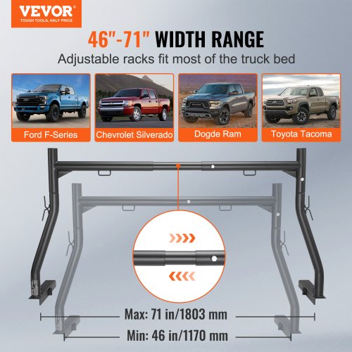 VEVOR Truck Rack, 46-71inch Extendable Truck Ladder Rack, 800 lbs Capacity Steel Ladder Rack for Truck with Non-Drilling J-bolts, Heavy Duty Truck Bed Rack for Kayak, Surfboard, Lumber, Ladder