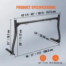 VEVOR Truck Rack, 46-71inch Extensible Truck Ladder Rack, 800 lbs Capacidad Escalera de acero para camión con pernos en J sin perforación, Heavy Duty Truck Bed Rack para kayak, tabla de surf, madera, escalera