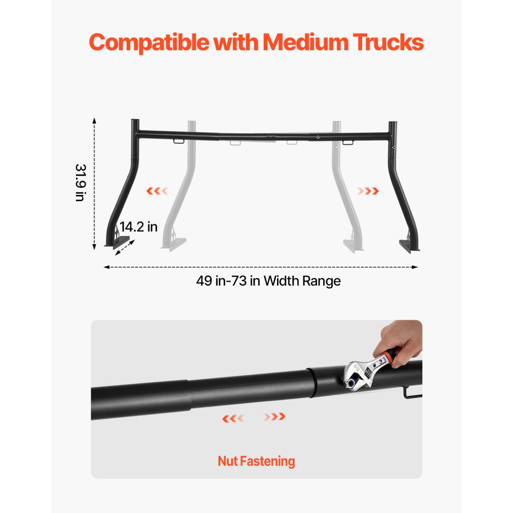 VEVOR Truck Ladder Rack, 124.46-185.42 cm Width, Extendable Universal Cargo Rack, Heavy Duty Steel with 362.9 kg Static Capacity, Ideal for Canoes, Surfboards, Ladders, Lumber, Tents & Large Cargo