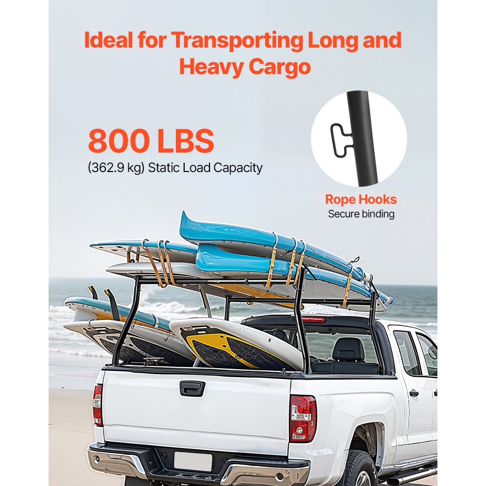 VEVOR Truck Ladder Rack, 124.46-185.42 cm Width, Extendable Universal Cargo Rack, Heavy Duty Steel with 362.9 kg Static Capacity, Ideal for Canoes, Surfboards, Ladders, Lumber, Tents & Large Cargo