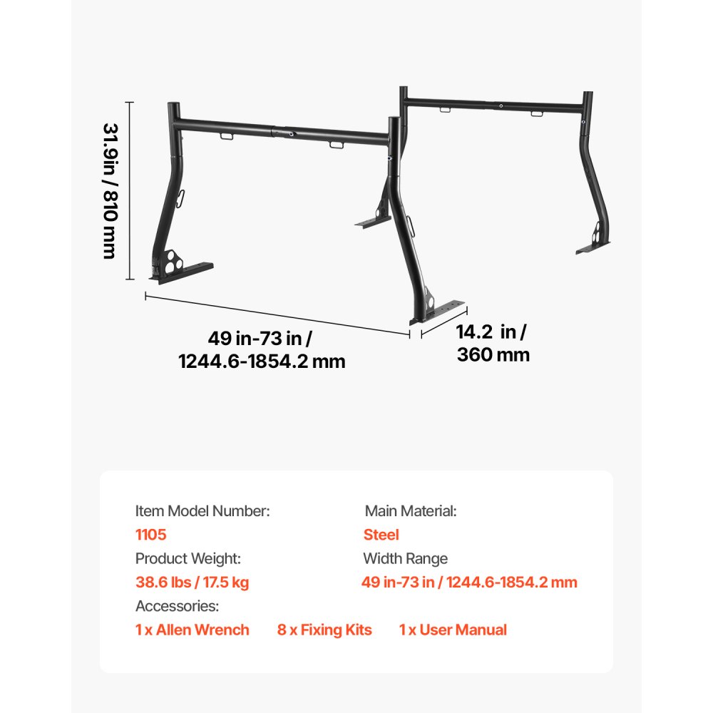 VEVOR Truck Ladder Rack, 124.46-185.42 cm Width, Extendable Universal Cargo Rack, Heavy Duty Steel with 362.9 kg Static Capacity, Ideal for Canoes, Surfboards, Ladders, Lumber, Tents & Large Cargo