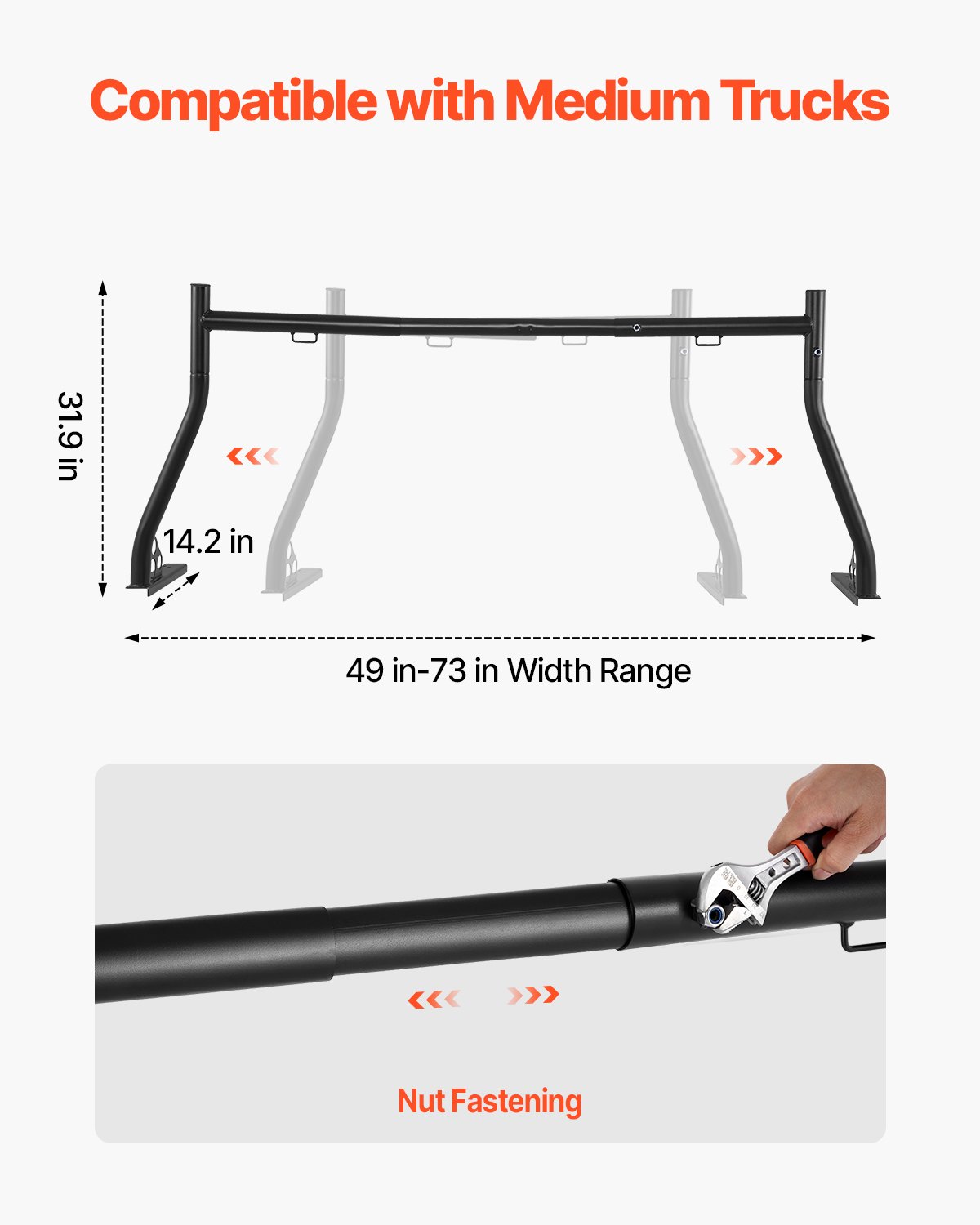 VEVOR Truck Ladder Rack, 124.46-185.42 cm Width, Extendable Universal Cargo Rack, Heavy Duty Steel with 362.9 kg Static Capacity, Ideal for Canoes, Surfboards, Ladders, Lumber, Tents & Large Cargo