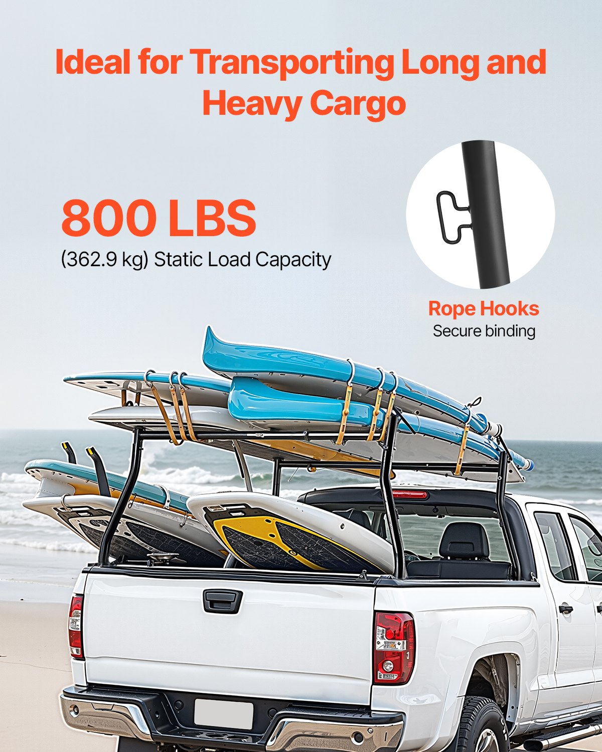 VEVOR Truck Ladder Rack, 124.46-185.42 cm Width, Extendable Universal Cargo Rack, Heavy Duty Steel with 362.9 kg Static Capacity, Ideal for Canoes, Surfboards, Ladders, Lumber, Tents & Large Cargo