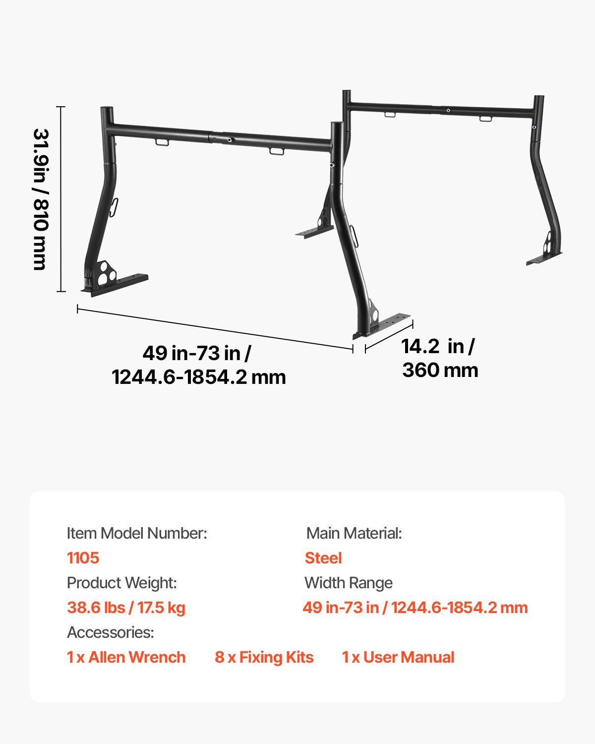 VEVOR Truck Ladder Rack, 124.46-185.42 cm Width, Extendable Universal Cargo Rack, Heavy Duty Steel with 362.9 kg Static Capacity, Ideal for Canoes, Surfboards, Ladders, Lumber, Tents & Large Cargo