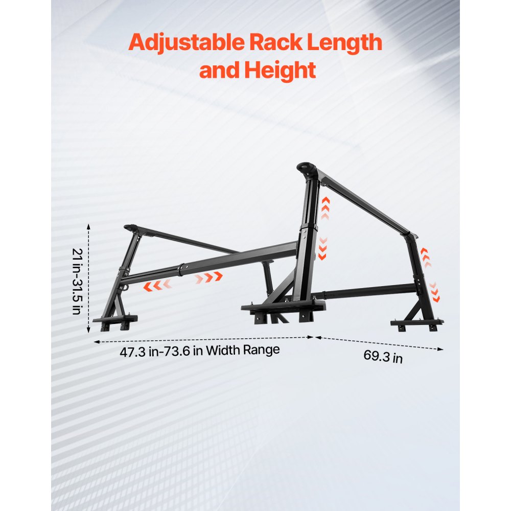VEVOR Truck Ladder Rack, 53.3-80.01 cm Height, Adjustable Non-Drilling Aluminum Cargo Rack with Sidebar, 362.9 kg Static Capacity, Ideal for Canoes, Surfboards, Ladders, Lumber, Tents & Large cargo