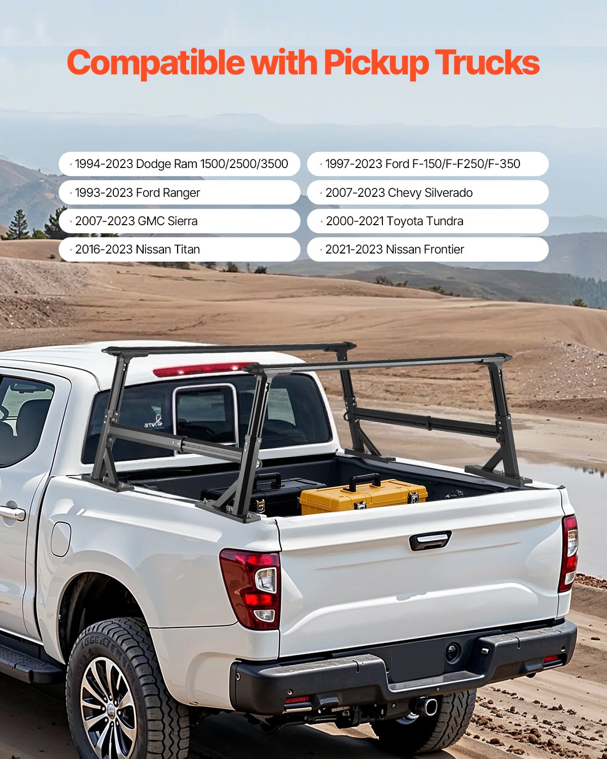VEVOR Truck Ladder Rack, 53.3-80.01 cm Height, Adjustable Non-Drilling Aluminum Cargo Rack with Sidebar, 362.9 kg Static Capacity, Ideal for Canoes, Surfboards, Ladders, Lumber, Tents & Large cargo